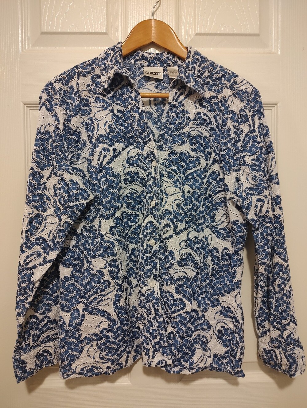 Chico's Blue and White Abstract Button-Down Shirt